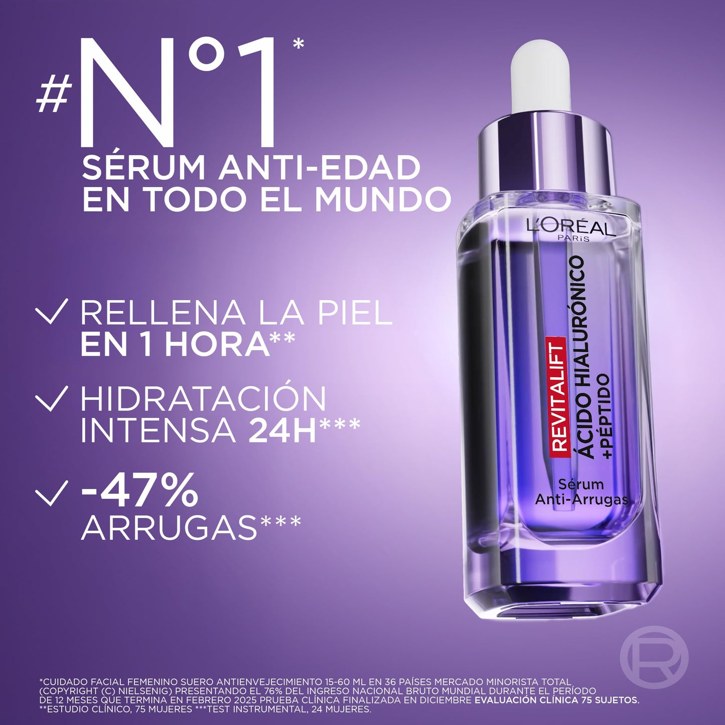 L'Oréal Paris Revitalift Filler Sérum Antiarrugas con Ácido Hialurónico, Péptidos. Nº1 del Mundo. Hidratación Duradera y Profunda. Ilumina y Rellena en 1H. Inspirado en Cosmética Coreana, 30ml