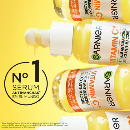 Garnier SkinActive Vitamina C Sérum Antimanchas de Día con 4% de [Vitamina C + Niacinamida + Ácido Salicílico + Melasyl™]. Nº 1 del mundo. Reduce el 70% de las manchas oscuras en solo 5 días. 30 ml
